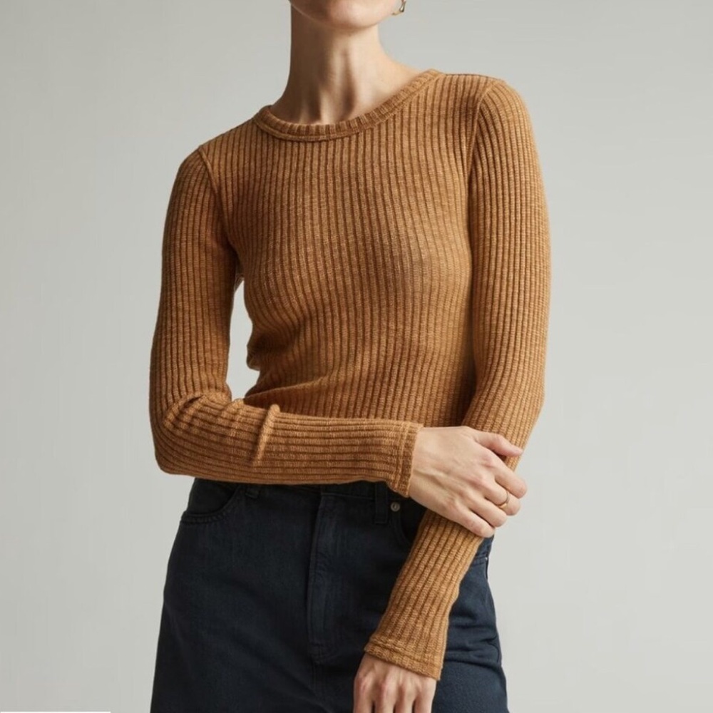 Everlane Ribbed Tan brown Long Sleeve top Layering XL extra large crew neck
